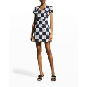 Milly Atalie Checkerboard Paisley Mini Dress Navy white Designer size 8 classic